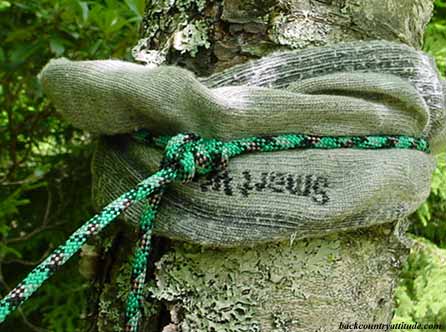 Use a sock to protect tree bark from rope marks