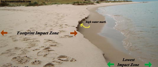 hike below the high water mark to lessen the impact of footprints on the beach